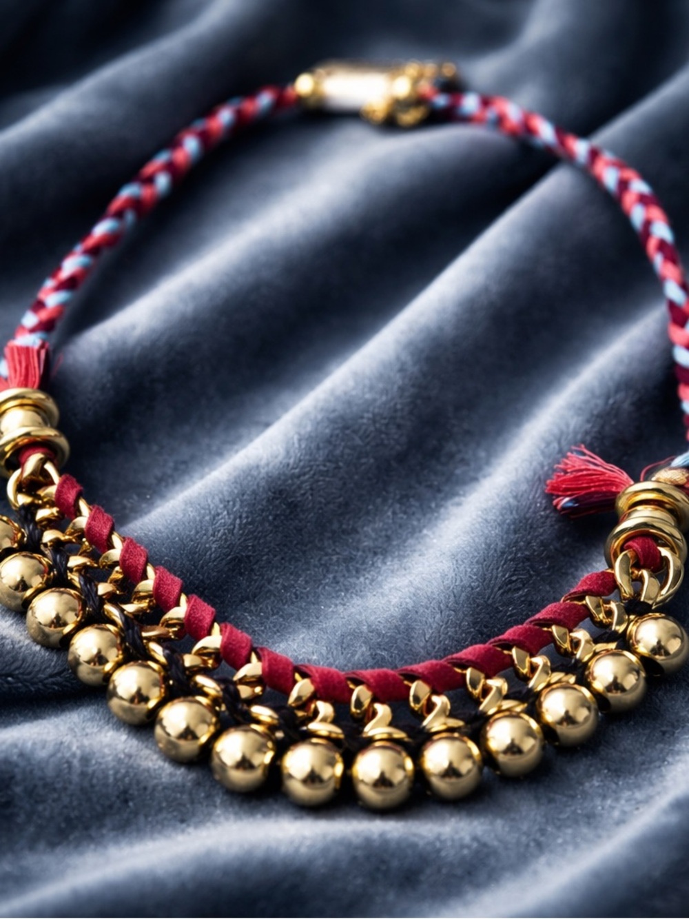 Gold Bead Braided Cord Necklace & Earrings Set - Red & Blue #1005